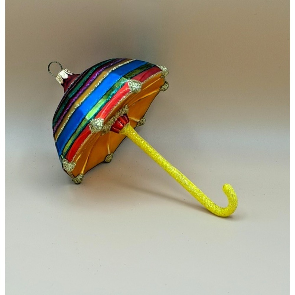 Rainbow Striped Umbrella Blown Glass Christmas Ornament Glitter 5.5"